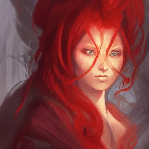 Prompt: a woman with red hair in a dark cave, concept art by Magali Villeneuve, deviantart contest winner, fantasy art, concept art, dark and mysterious, d&d