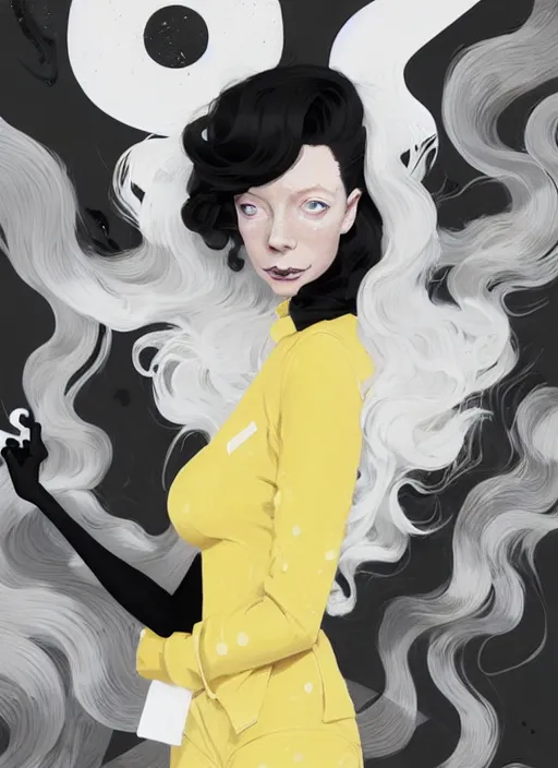 Image similar to highly detailed closeup portrait of beautiful portia doubleday, blonde wavy hair, angela moss, white suit by atey ghailan, by greg rutkowski, by greg tocchini, by james gilleard, by joe fenton, by kaethe butcher, gradient yellow, black and white color scheme, grunge aesthetic!!! ( ( graffiti tag wall background ) )