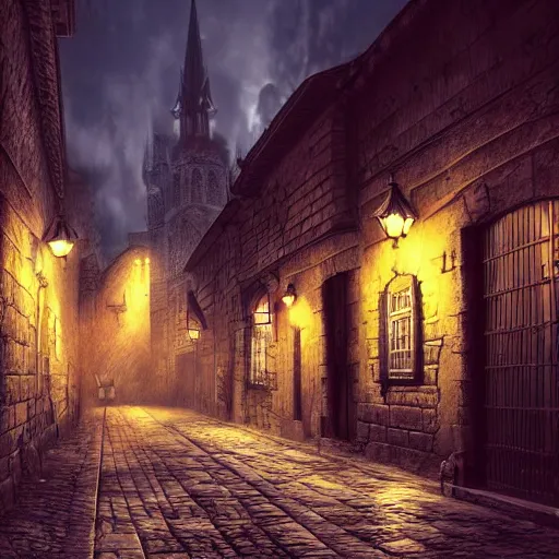 Prompt: quiet street in an old gothic city, high resolution, highly detailed, dark fantasy, night