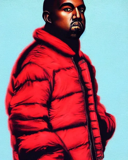 Image similar to kanye west in red puffer jacket, airbrush, drew struzan illustration art, key art, movie poster