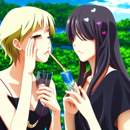 Prompt: two beautiful lesbian girls in love, smoking from a weed bong, sitting in front of a lake, in the style of anime, close - up, highly detailed face, 4 k, artstation, intricate, elegant, highly detailed, lush, stylized, japanese, smooth