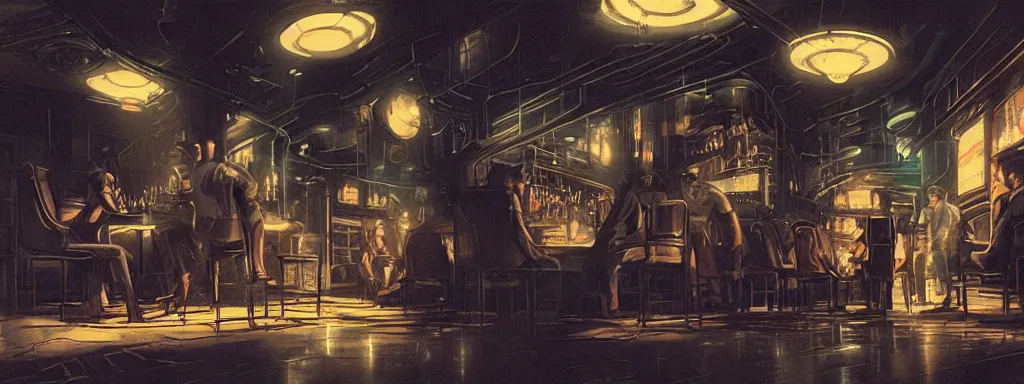 Image similar to concept art, crowded retro - futurist speakeasy, reflections, dark moody lighting, bladerunner, james jean, syd mead, akihiko yoshida, cinematic