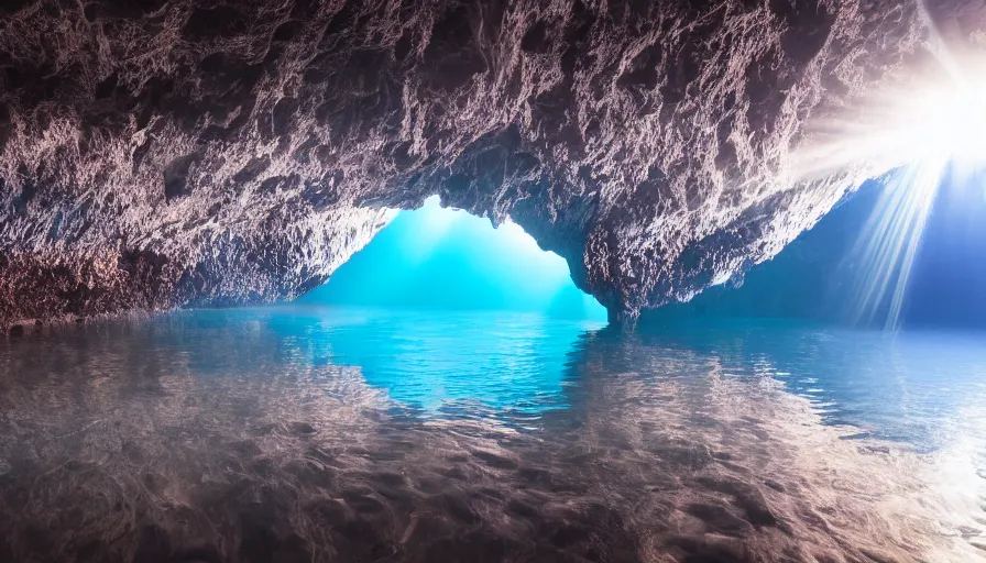 Image similar to Blue cave during the day, blue water, reflections ,god rays, incredible lighting, 4k photography award winning,