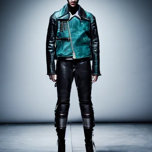 Prompt: an award - winning editorial photo of a male model wearing a teal distressed baggy medieval cropped leather menswear jacket by alexander mcqueen, 4 k, studio lighting, wide angle lens