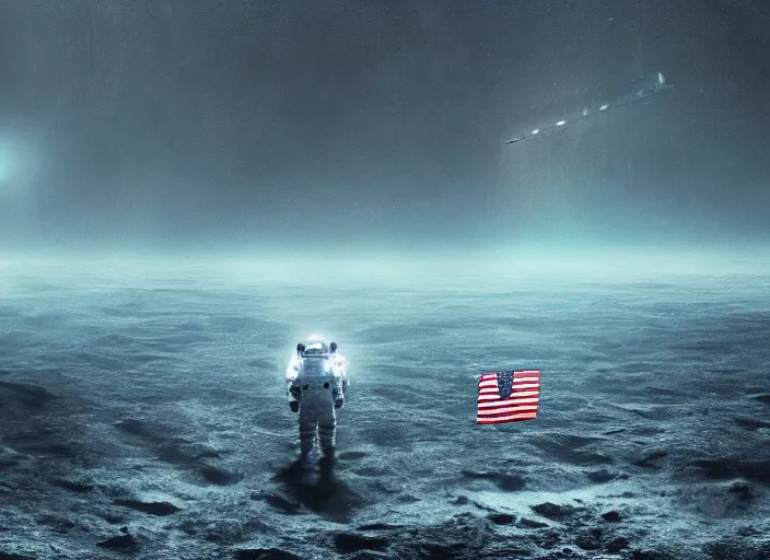 Image similar to astronaut holding a flag in an underwater desert. a submarine is visible in the distance. dark, concept art, cinematic, dramatic, atmospheric, 8 k, trending on artstation, blue, fish, low visibility, fog, ocean floor, christopher nolan, interstellar