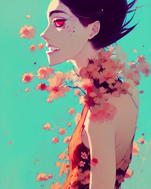 Image similar to a ultradetailed beautiful panting of a stylish woman in a flower dress, by conrad roset, greg rutkowski and makoto shinkai, trending on artstation