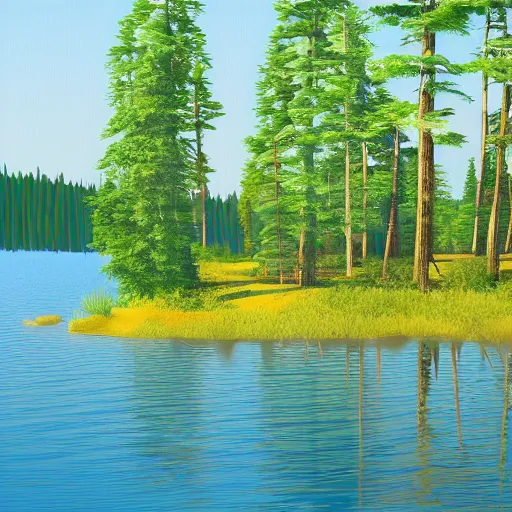 Image similar to lake of clear blue waters woodlot beside a cabin, felix Kelly, digital art, artstation