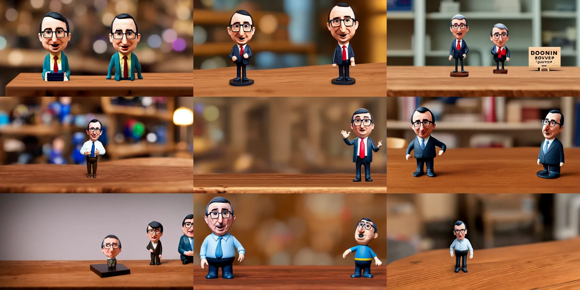 Prompt: John Oliver figurine by Pixar sad bokeh on wooden table. Donald Trump figurine by Pixar sad bokeh on wooden table. Boris Johnson figurine by Pixar sad bokeh on wooden table. figurine collection by Pixar sad bokeh on wooden table.