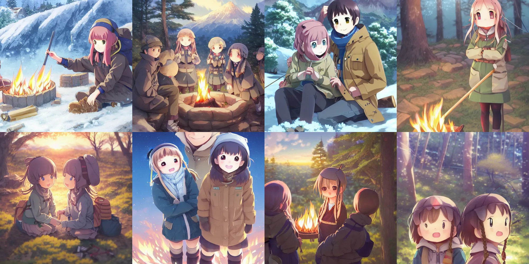 Prompt: anime yuru camp yama no susume cute girls around campfire trending on artstation hyperdetailed eyes cute moe Unreal Engine 4k 8k ultra HD illustration digital pixiv concept art manga cover by Stanley Artgerm Lau, WLOP, Rossdraws, James Jean, Andrei Riabovitchev, Marc Simonetti, and Sakimichan