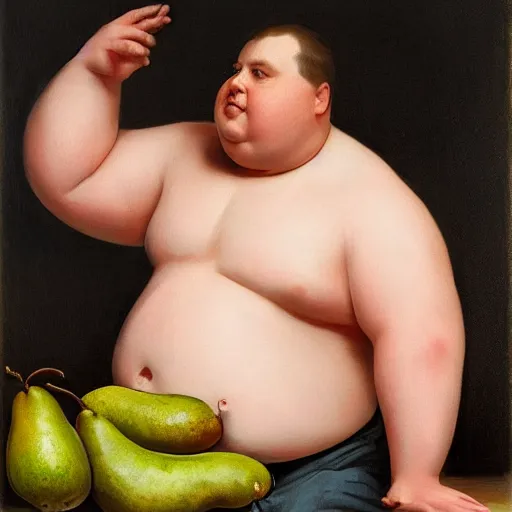 Image similar to highly detailed portrait of a grossly obese flamboyant man who is shaped like a pear artstation he is sitting down for a lavish feast of only vegtables, 8 k, sfx, john singer sargent.