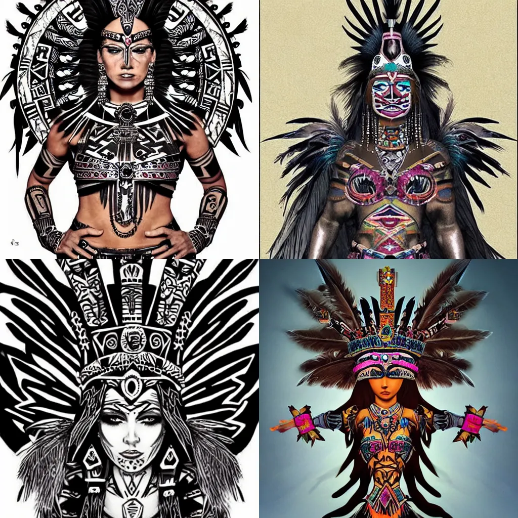 Prompt: character design, aztec warrior goddess, crown of body length feathers, full body, glowing aztec tattoos, beautiful, dark fantasy