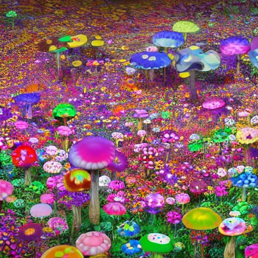 Image similar to Floral psychedelic apocalypse caused by the crashing of the Murakami flower meteor in the peaceful village of mushrooms, unreal engine 5 render, art by Takashi Murakami, Meteor made out of Murakami flowers, tiny mushroom village