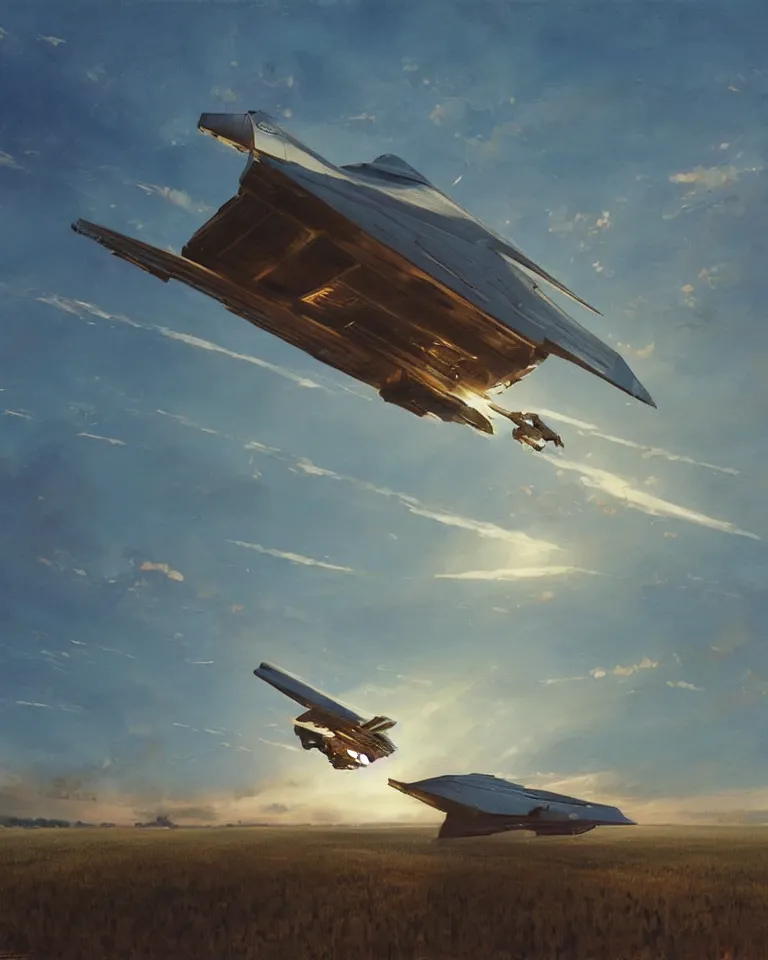 Image similar to wide shot of a tall and thin sharp angled spaceship hovering vertically in the air 1 0 feet above a cornfield, late afternoon, golden hour, dramatic lighting, cinematic, highly detailed, smooth, sharp focus, concept art by greg rutkowski and john berkey and syd mead