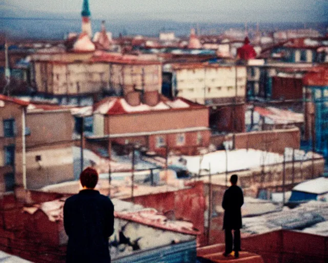 Image similar to lomo photo of man standing on the roof of soviet hrushevka, small town, cinestill, bokeh, out of focus