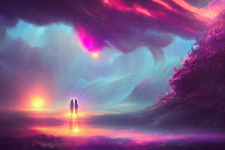 Image similar to a psychedelic realm at the edge of the known universe, astral beings sharing love!!!!, in the style of greg rutkowski! and wlop and lisa frank! and bob ross!!! and ruan jia, illustration, epic, fantasy, hyper detailed, smooth, unreal engine, sharp focus, ray tracing