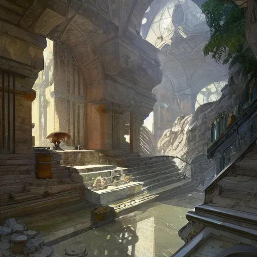 Image similar to A wide open courtyard in a beautiful dwarven city made of marble, inside the underground cave, lustrous minerals, a fantasy digital painting, artstation, concept art, sharp focus, illustration, art by greg rutkowski and alphonse mucha