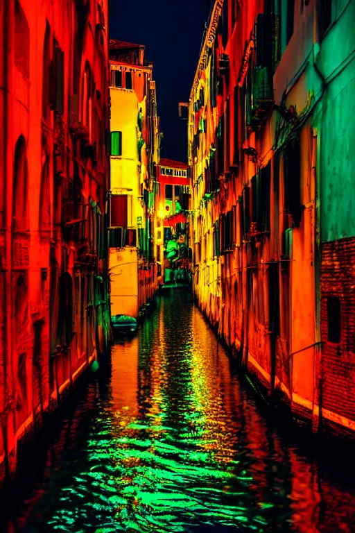 Prompt: neon streets of venice, 4 k, award winning photo, cyberpunk style