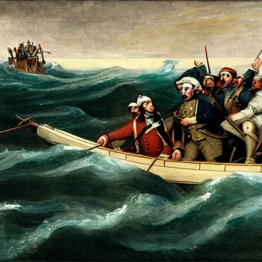 Image similar to Washington crossing the Delaware on the back of a sea serpent, oil on canvas, 1883