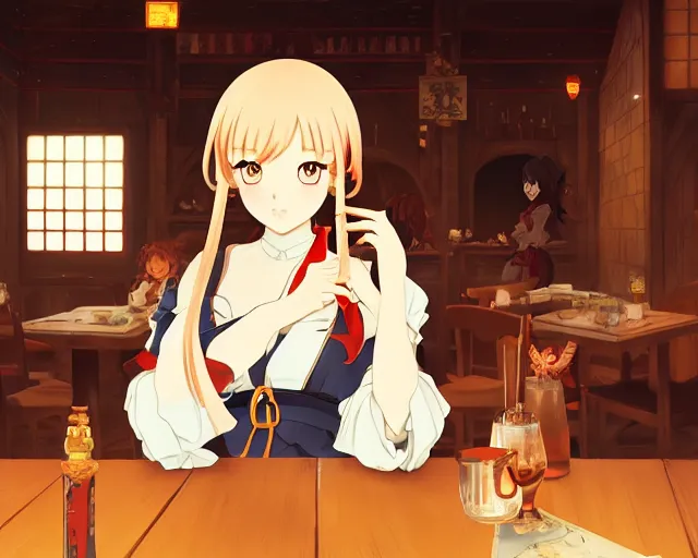 Image similar to anime visual, portrait of a young female traveler in a busy fantasy medieval tavern interior, cute face by yoh yoshinari, katsura masakazu, studio lighting, dynamic pose, dynamic perspective, strong silhouette, anime cels, ilya kuvshinov, cel shaded, crisp and sharp, rounded eyes