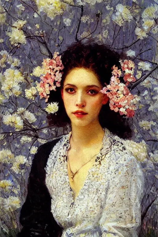 Image similar to close - up fashion black woman portrait airy flowers cloudy sky art by vasnetsov