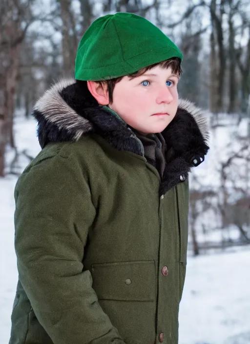 Image similar to portrait photo still of real life young stan marsh wearing a green trapper hat, 8 k, 8 5 mm, f. 1 4