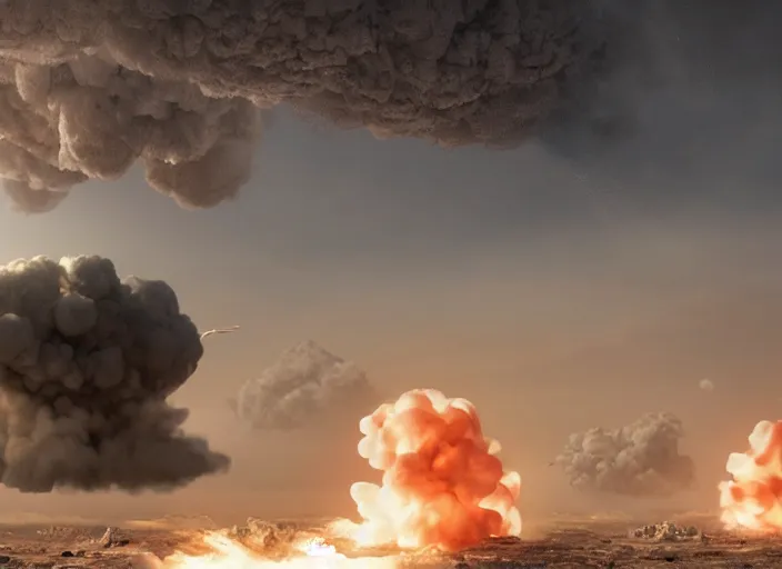 Image similar to three nuclear warheads explode next to each other, destruction, photorealistic, cgsociety, amazing detail, 8 k, postprocessing