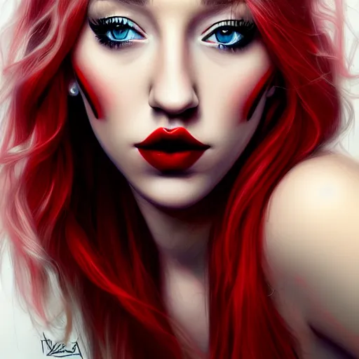 Image similar to a realistic illustration portrait of a beautiful kendra sunderland with curly black and red hair, black eyeliner, trending on artstation, hyper - realistic lighting, intricate, ross tran