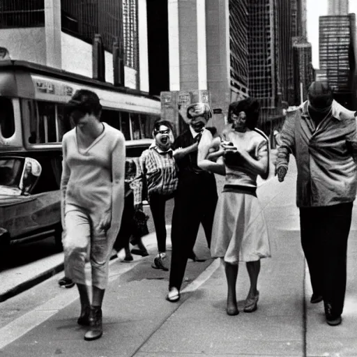 Prompt: street photography from 1961 Chicago, zombies walking politely down the sidewalk, in the style of Vivian Maier