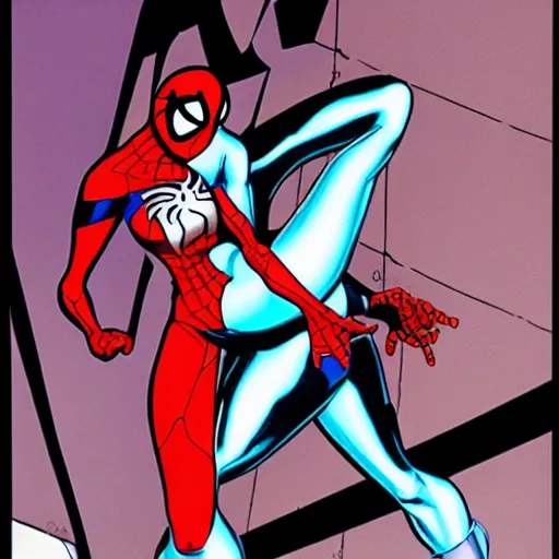 Image similar to female spiderman, mask covering mouth, eyes visible, medium shot, bruce timm, j. scott campbell, andy hartnell, inked, tight fit, curvaceous, slim, stuck against a wall