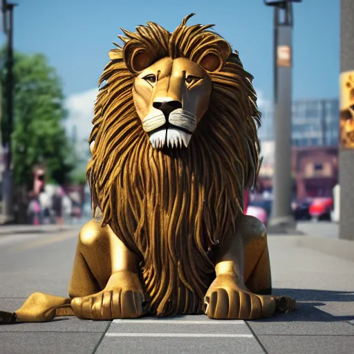 Prompt: anthropomorphic lion exquisite detail lion in hippie clothes, Streetwear, hippie fashion, sitting at the bus stop, trending on artstation, incredible detail, Graeme Base, 8k detail, gi, global illumination, physically based rendering, photoreal, small details, intricate complexity