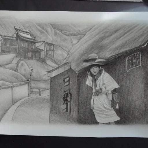 Image similar to portrait in jiufen taiwan detailed pencil drawing