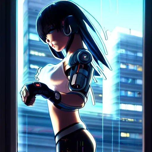 Image similar to a large reflective shattering window, beautiful cyborg - girl punching into a large reflective shattering window, window reflections, reflective, mirror reflection, refractions on lens, full round face, biomechanical details, cyberpunk anime art, full body shot, lens flare, wlop, ilya kuvshinov, artgerm, krenz cushart, greg rutkowski