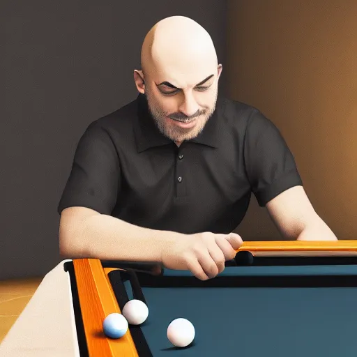 Prompt: bald man playing 8 ball pool, digital art