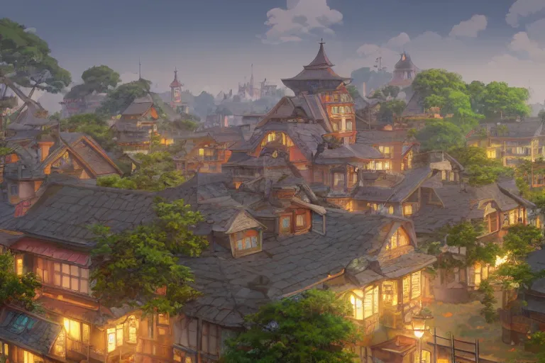 Prompt: a wholesome animation key shot of a traditional city with tiled roofs, medium shot, studio ghibli, pixar and disney animation, sharp, rendered in unreal engine 5, anime key art by greg rutkowski, bloom, dramatic lighting