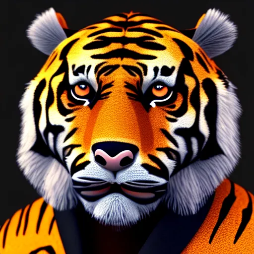 Image similar to portrait of an anthropomorphic tiger wearing a black suit, ultra detail, ultra realistic, soft fur, ssao 8 k