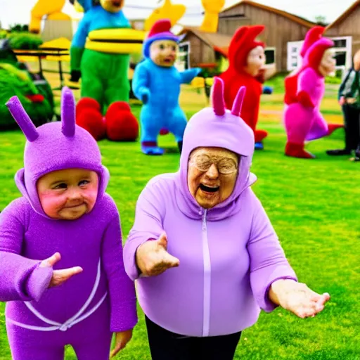 Image similar to a couple of grandparents playing kids games and wearing teletubbies costumes