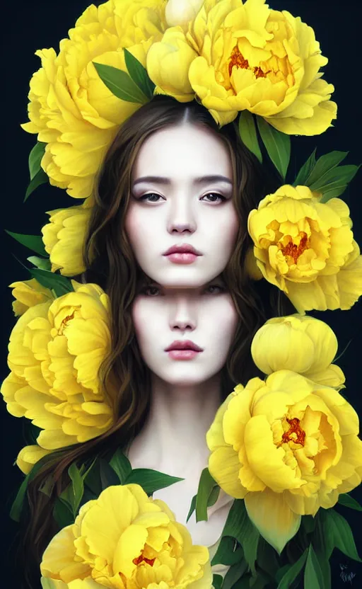 Prompt: beautiful yellow woman, symmetrical portrait, realistic, full body, black peonies, white snakes wrapped around the sky, rich details, by wlop