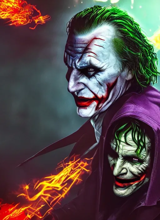 Image similar to Liam Neeson as the Joker, defeating Batman, realistic, digital art, 4k, cinematic lighting, explosion in the background