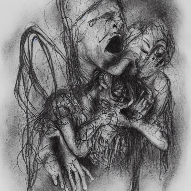 Image similar to a drawing in the style of stephen gammell of a spider consoling a crying child