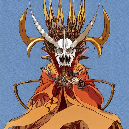 Image similar to concept art painting of an anthropomorphic dragon king with robes, a long dragon neck, and horned skull mask, sitting on a throne, anime style, cel shaded, in the style of makoto shinkai and james gurney and studio ghibli and moebius