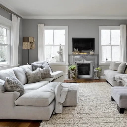 Image similar to cozy living room, grey walls, white ceiling, fireplace, medallion area rug, left hand sofa & chaise