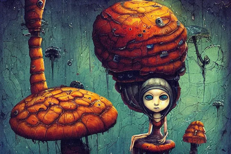 Prompt: Alice meets a Caterpillar that teaches her to eat mushroom to control her size, biomechanoid, sci-fi, dramatic, art style Megan Duncanson and Benjamin Lacombe, super details, dark dull colors, ornate background, mysterious, eerie, sinister