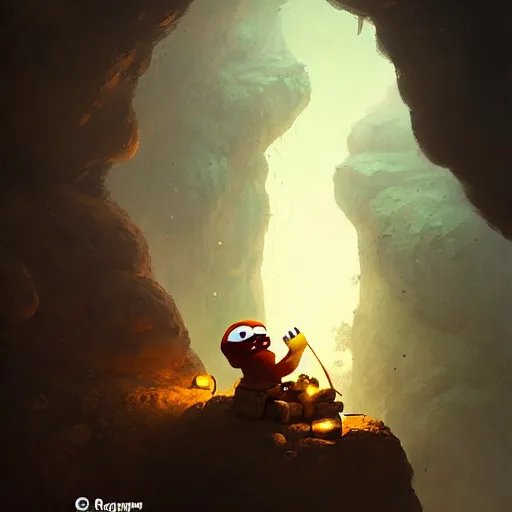 Image similar to happy pepe the miner in the cave, greg rutkowski