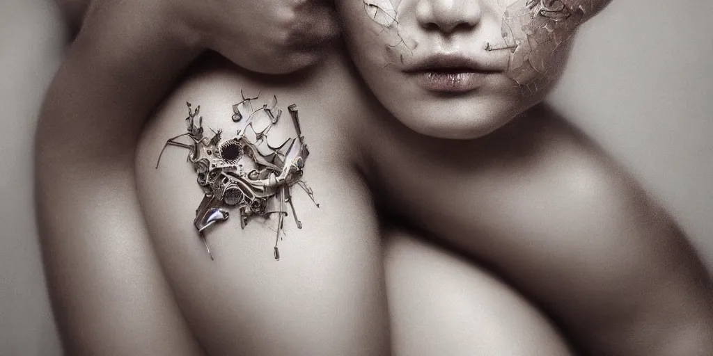 Image similar to hyperrealistic photography of a highly intricate, stunning, beautiful, perfect cyborg female, elbow, knee, intimate, hand holdings, in the style of beth cavener, jin kagetsu, chuck close, wlop, highly detailed face, symmetry, masterpiece, award - winning, sharp focus, concept art, ambient lighting, 8 k, artstation
