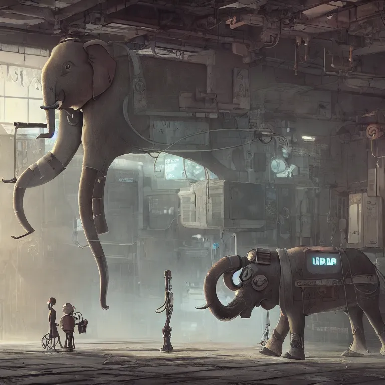 Image similar to a robotic elephant walking through an abandoned gas station in the style of howl's moving castle, 7 0's science fiction comics and enki bilal, cyberpunk, mystical, 8 k, high definition, realism, octane render, cinematic lighting