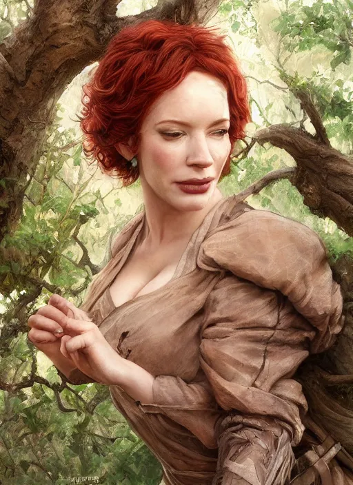 Image similar to tired Christina Hendricks taking a rest under a tree after an long adventure a ruggedly muscled handsome heroine, intricate, elegant, highly detailed, centered, digital painting, artstation, concept art, smooth, sharp focus, illustration, artgerm, donato giancola, Joseph Christian Leyendecker, WLOP, Artgerm, thunder storm