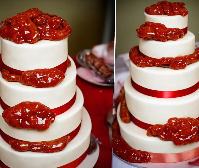 Image similar to photo of a wedding cake with sausages and ketchup