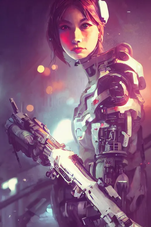 Image similar to beautiful illustration of a cyborg mercenary girl holding a rifle, art by wlop, artgerm, liam wong, upper body, cyberpunk, neon, elegant, highly detailed, trending on artstation, sharp focus, caustics, octane render, radiant light, 4 k