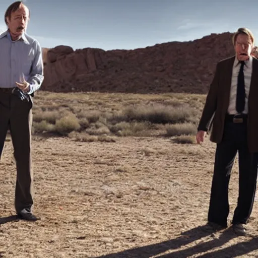 Prompt: Walter White & saul goodman arguing, realistic, 8k resolution, hyperdetailed, highly detailed, real life, studio lighting, high quality, dramatic shot,