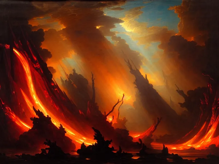 Prompt: darker blight of hopeful sins by whelan and driben and massys and hubert robert and staples and william etty and brom and deharme, beautiful, mythical, cloak, robe, highly detailed, hyperrealistic, intricate, energy, orange and purple electricity, blue flame, low light, high contrast, lifelike